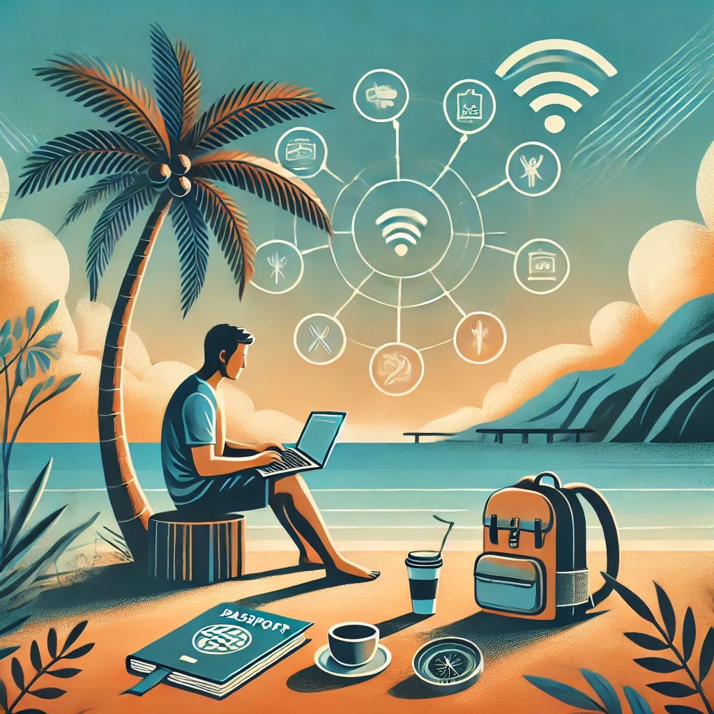 A focused and visually appealing illustration capturing the essence of the 'Digital Nomad' lifestyle. The image features a person working on a laptop under a palm tree on a beach, with elements of travel such as a backpack, passport, and coffee cup nearby, representing freedom and flexibility. The backdrop includes a mix of serene natural landscapes and modern digital connectivity symbols like Wi-Fi icons. Use a calming color palette of blues, sandy beiges, and warm oranges for an aspirational and modern design.
