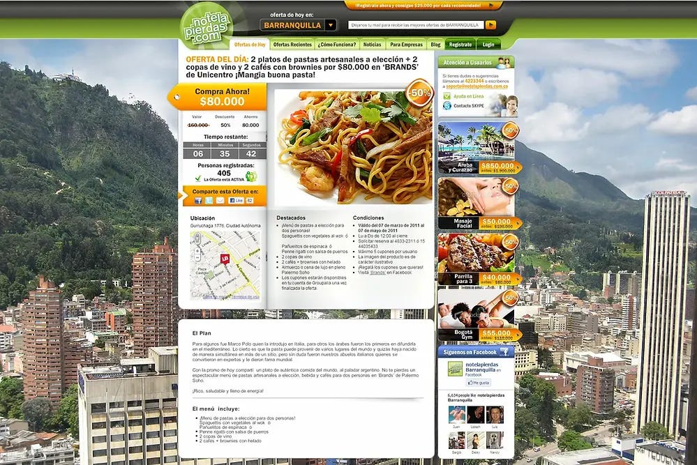Restaurant Offer on discount coupon page No Te La Pierdas Colombia