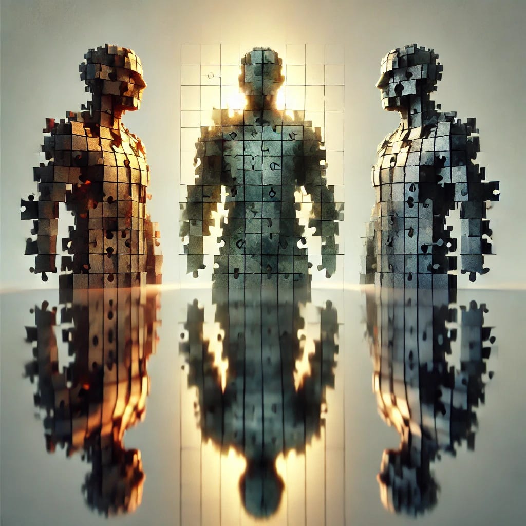 A reflective image titled 'Mirror Puzzle' featuring three identical humanoid or abstract figures arranged in perfect symmetry, like a mirrored triptych. Each figure appears nearly the same in shape and position, but differs subtly in color, texture, or pattern—suggesting they are reflections with hidden distinctions. The background is minimal and ethereal, with a soft gradient or fog-like ambiance, enhancing the paradoxical 'one versus three' theme. The composition should evoke mystery and introspection, representing Penelope shards as facets of a singular yet fractured identity. A reflective image titled 'Mirror Puzzle' featuring three identical humanoid or abstract figures arranged in perfect symmetry, like a mirrored triptych. Each figure appears nearly the same in shape and position, but differs subtly in color, texture, or pattern—suggesting they are reflections with hidden distinctions. The background is minimal and ethereal, with a soft gradient or fog-like ambiance, enhancing the paradoxical 'one versus three' theme. The composition should evoke mystery and introspection, representing Penelope shards as facets of a singular yet fractured identity.