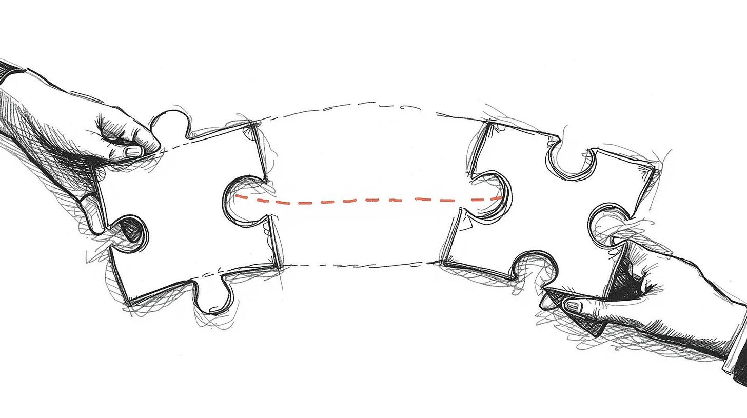 Three hands pulling puzzle pieces apart leaving an empty gap in the center