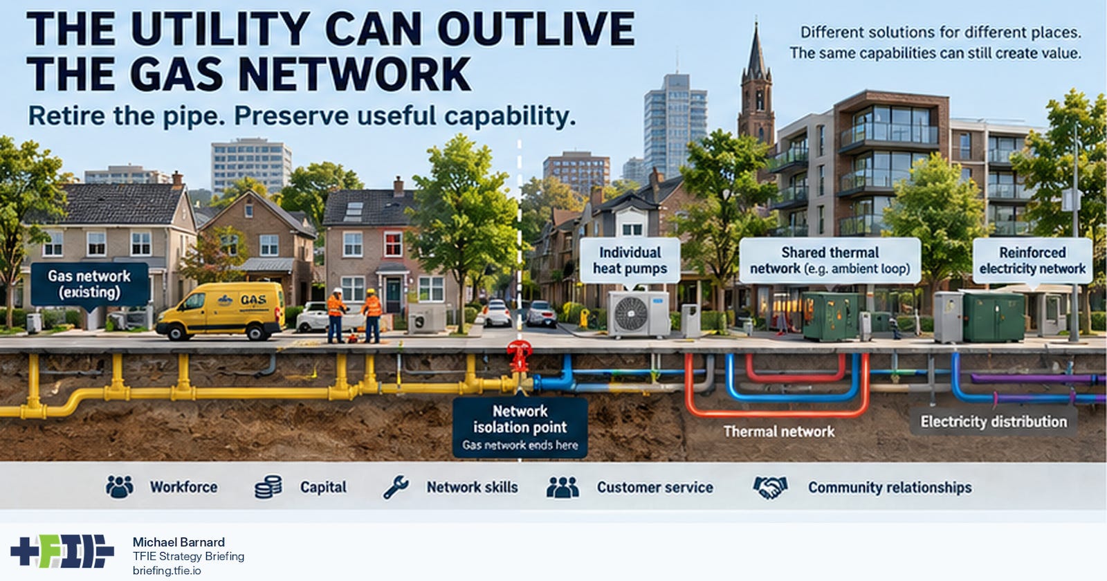 Cutaway illustration of a neighbourhood transitioning away from gas. A buried gas network ends at an isolation valve, while transferable utility capabilities continue into an area served by individual heat pumps, a shared thermal loop and reinforced electricity.
