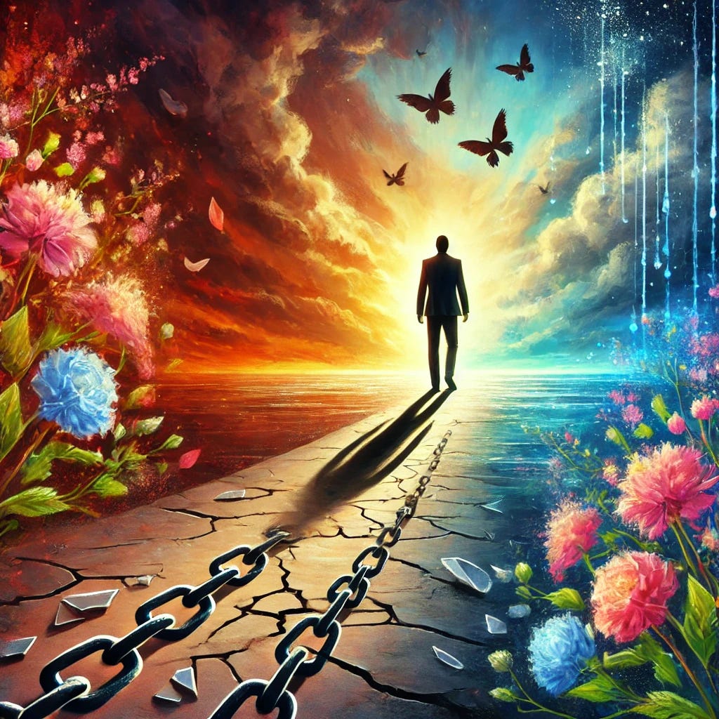 A powerful and emotional image symbolizing recovery from narcissistic abuse. A figure is depicted standing on a cracked, dark pathway symbolizing the trauma of the past, with fragments of broken chains around their feet. They are walking towards a vibrant horizon filled with warm light and colorful blooming flowers, representing hope and healing. The figure's posture is strong and confident, showing resilience. The background transitions from dark and stormy on one side to bright and serene on the other, symbolizing the journey from pain to recovery.