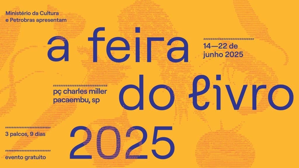 #descrevemospravocê  O card divulga a edição de 2025 da Feira do Livro, que acontecerá de 14 a 22 de junho na Praça Charles Miller, em Pacaembu, São Paulo. A programação contará com 3 palcos ao longo de 9 dias, e o evento será gratuito. A realização é do Ministério da Cultura e da Petrobras.  O fundo do card é amarelo-alaranjado vibrante, com textura formada por palavras repetidas em pequenos caracteres. Por cima, o texto está em letras grandes e na cor azul escura, com destaque para os dizeres "a feira do livro 2025", ocupando a maior parte da imagem. Os elementos textuais aparecem em diferentes tamanhos e posições, criando uma composição dinâmica. A fonte utilizada é sem serifa e arredondada, e a palavra “livro” chama atenção pelo detalhe gráfico da letra "v", que foi estilizada para se parecer com uma letra "r" espelhada. Ao fundo, em meio ao padrão tipográfico, aparecem formas visuais pouco definidas que remetem a figuras humanas segurando livros, todas feitas a partir da repetição de palavras. O visual é moderno e artístico, com foco na leitura e na celebração do livro como objeto cultural central.