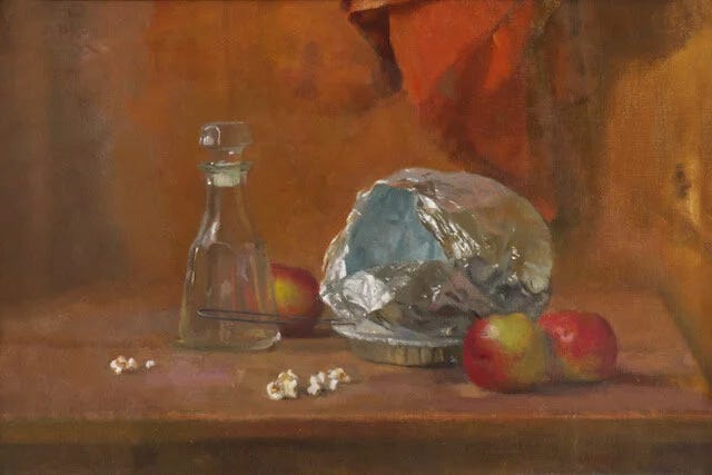 A still life of a Jiffy Pop with a large hole torn open on one side, several kernals of popcorn are on the table along with a tall glass salad dressing bottle and three apples.