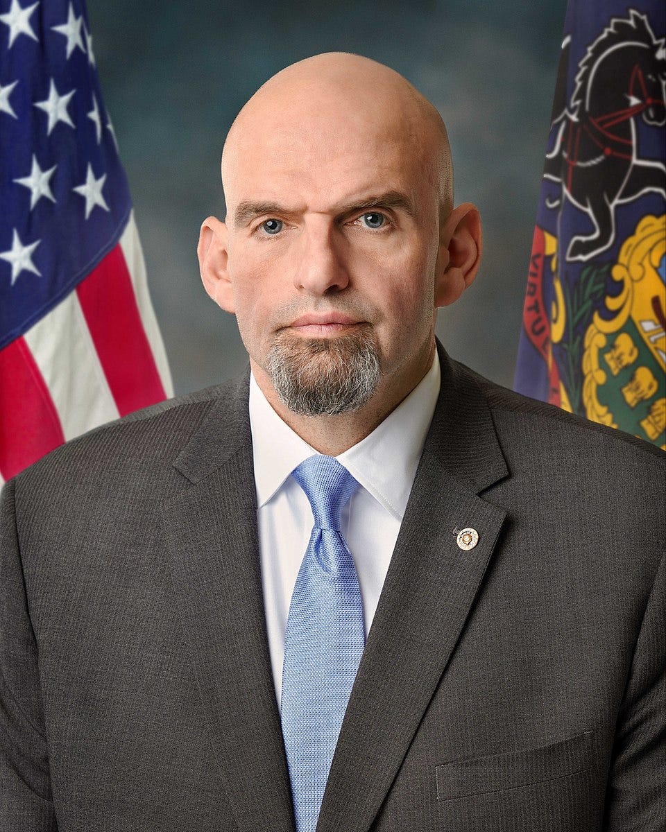 John Fetterman official portrait in front of US and PA flags; He is bald with prominent eyebrows and chin whiskers; wearing a brown suit with a blue silk tie. Looking directlya t camera, no smile.