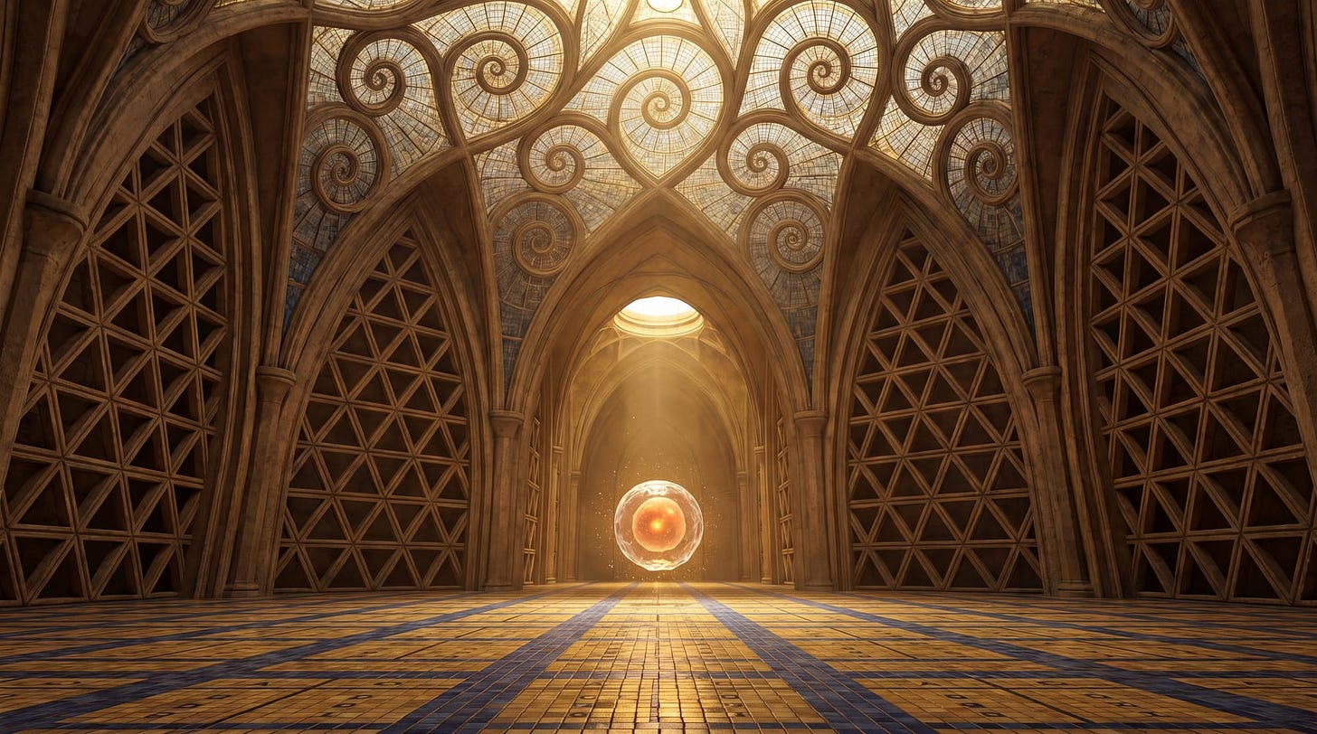 A tiny luminous cell floats inside a vast cathedral of Fibonacci spirals, Boolean mosaics, and geometric forms bathed in golden light A tiny luminous cell floats inside a vast cathedral of Fibonacci spirals, Boolean mosaics, and geometric forms bathed in golden light