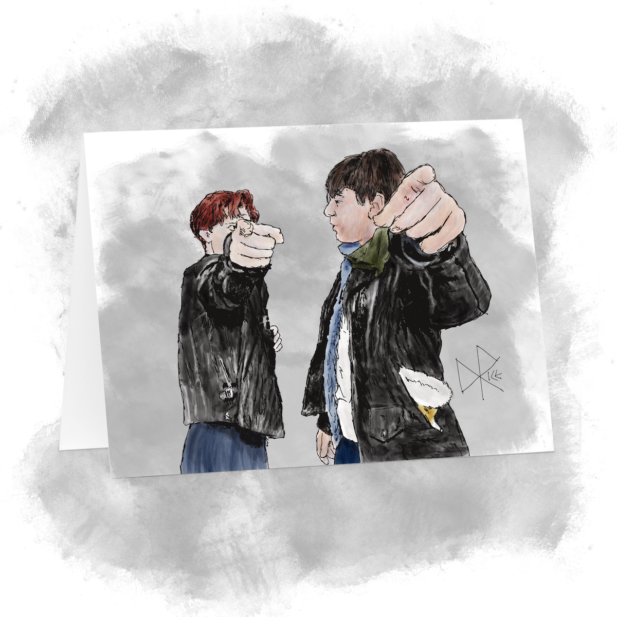 Two people in leather jackets looking at each other in conversation, both with outstretched arms and fingers pointed directly towards the viewer as they discuss directions. Sketch art by Don Rice.