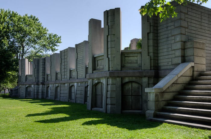 Shaughnessy House, a 19th-century mansion saved from destruction by architect and preservationist Phyllis Lambert, is reflected in this concrete sculpture that faces it from across a busy boulevard.