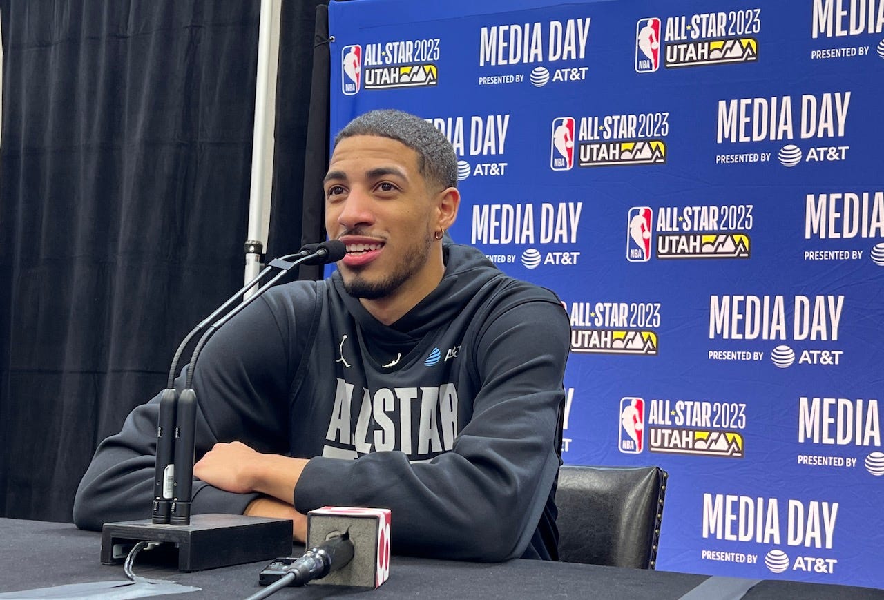Tyrese Haliburton talks at All-Star media day in Salt Lake City. Tyrese Haliburton talks at All-Star media day in Salt Lake City.