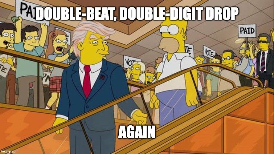 Simpsons meme with a Trump-like cartoon figure riding an escalator down past Homer Simpson and a crowd holding "PAID" signs, captioned "DOUBLE-BEAT, DOUBLE-DIGIT DROP — AGAIN" — referencing Celestica CLS shares falling 13.5% pre-market on April 28, 2026 despite beating EPS and revenue in Q1 2026, the same déjà vu pattern as the Q4 2025 post-earnings drop.
