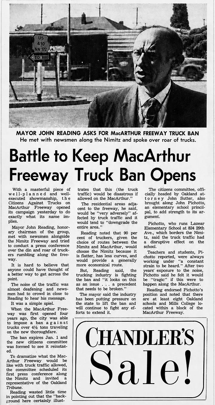 "Battle to keep MacArthur freeway truck ban opens." Oakland Tribune, July 4, 1967 (image digitally enhanced for legibility); and "Great Freeway Controversy," Oakland Tribune, Nov. 11, 1967. (Source: Newspapers.com)