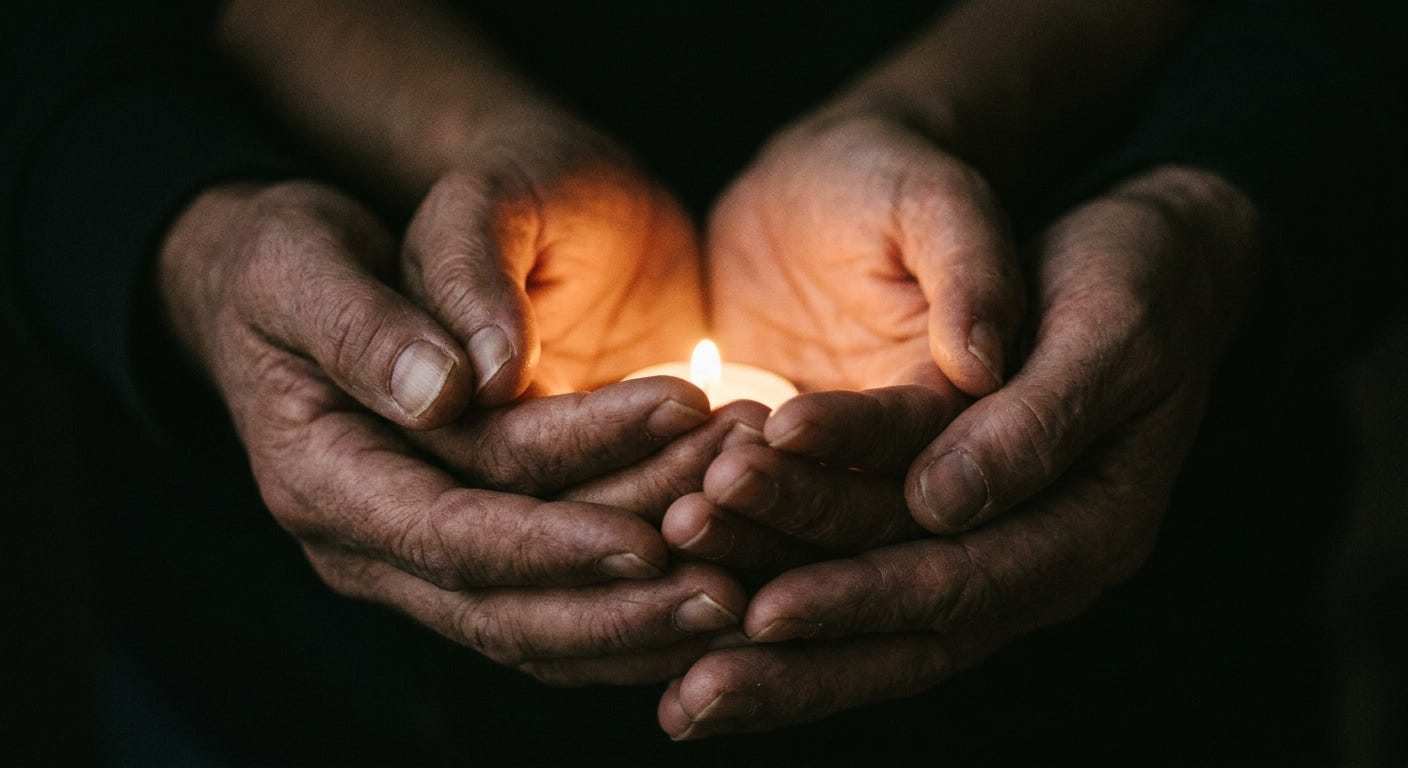 Two hands cupped together holding light, representing the irreplaceable gift of specific presence offered by one person to another — what the charitable economy cannot manufacture and the tradition cannot stop insisting upon. Two hands cupped together holding light, representing the irreplaceable gift of specific presence offered by one person to another — what the charitable economy cannot manufacture and the tradition cannot stop insisting upon.