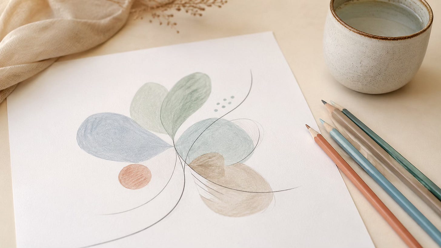 Simple abstract drawing and coloured pencils, representing gentle creative processing when emotions are hard to explain in words.