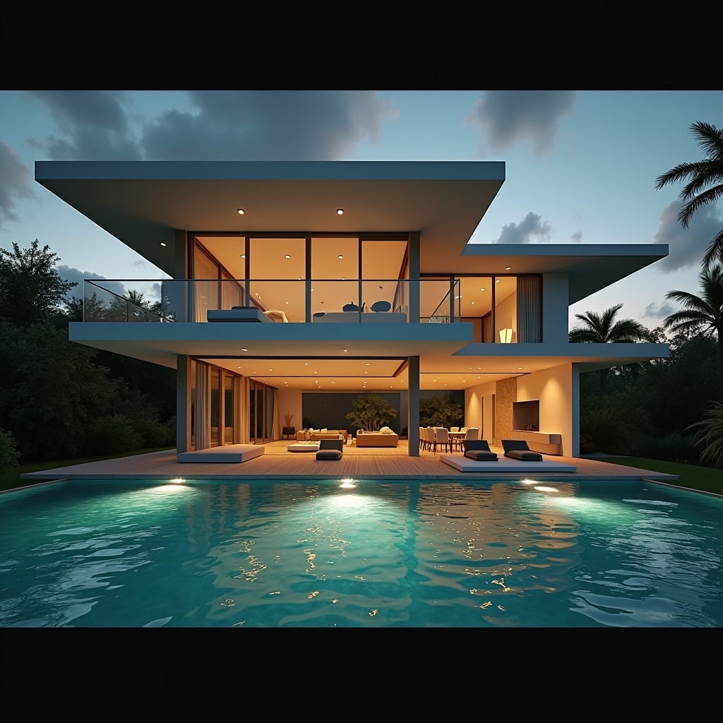A sleek, modern Jamaican house with a dropped ceiling, rendered in a cinematic film still aesthetic