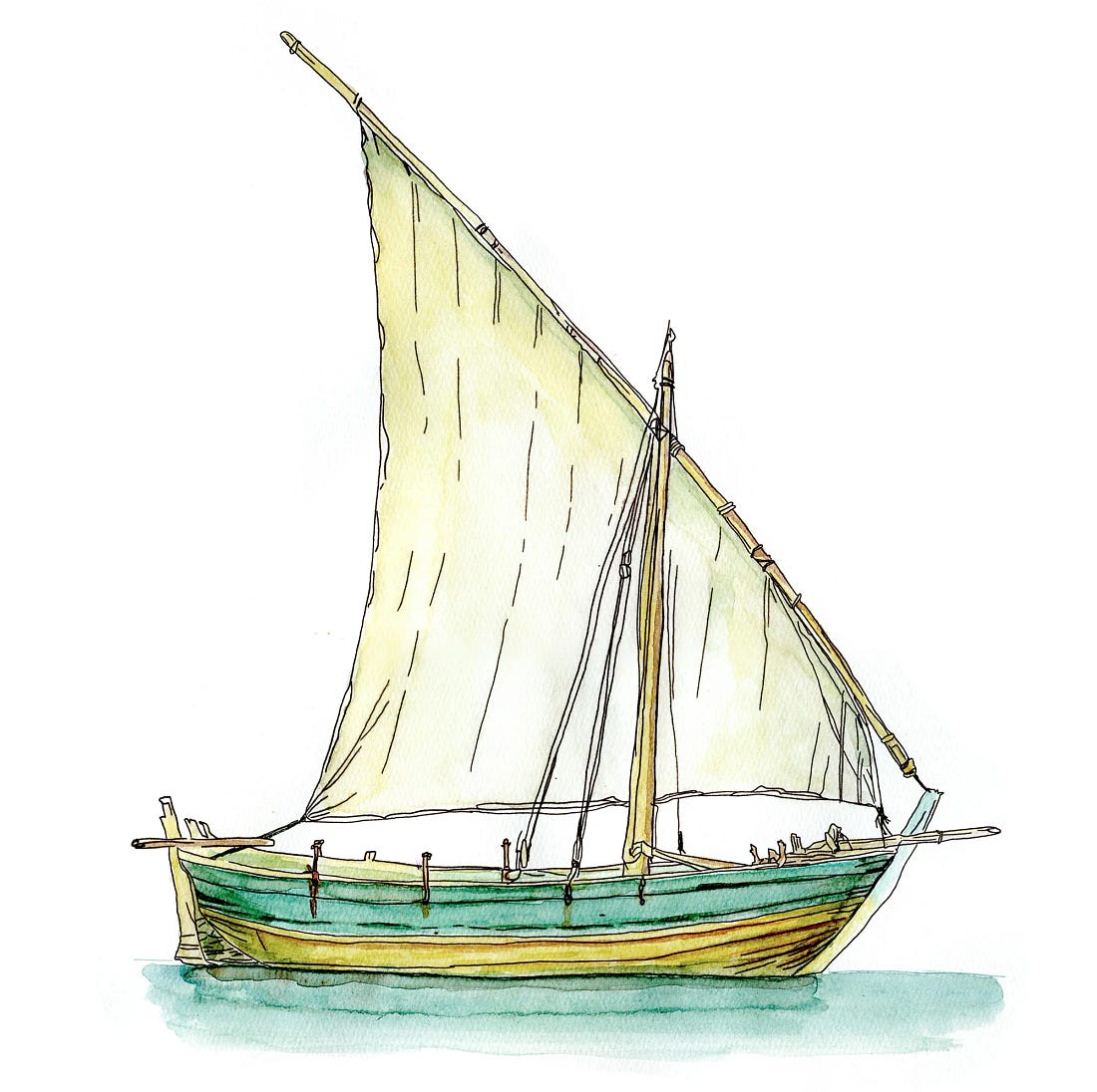 Black liner pen and watercolor sketch of a Sicilian tartana, a single-masted wooden sailboat with a large lateen sail and a green-and-ochre hull. Black liner pen and watercolor sketch of a Sicilian tartana, a single-masted wooden sailboat with a large lateen sail and a green-and-ochre hull.