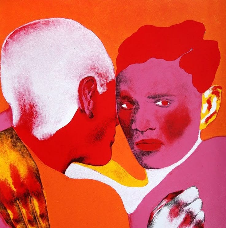 This may contain: a painting of two men with red hair and white skin, one is holding his arm around the other's neck This may contain: a painting of two men with red hair and white skin, one is holding his arm around the other's neck