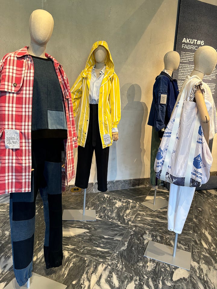 several photos of mannequins in clothes made from discarded materials