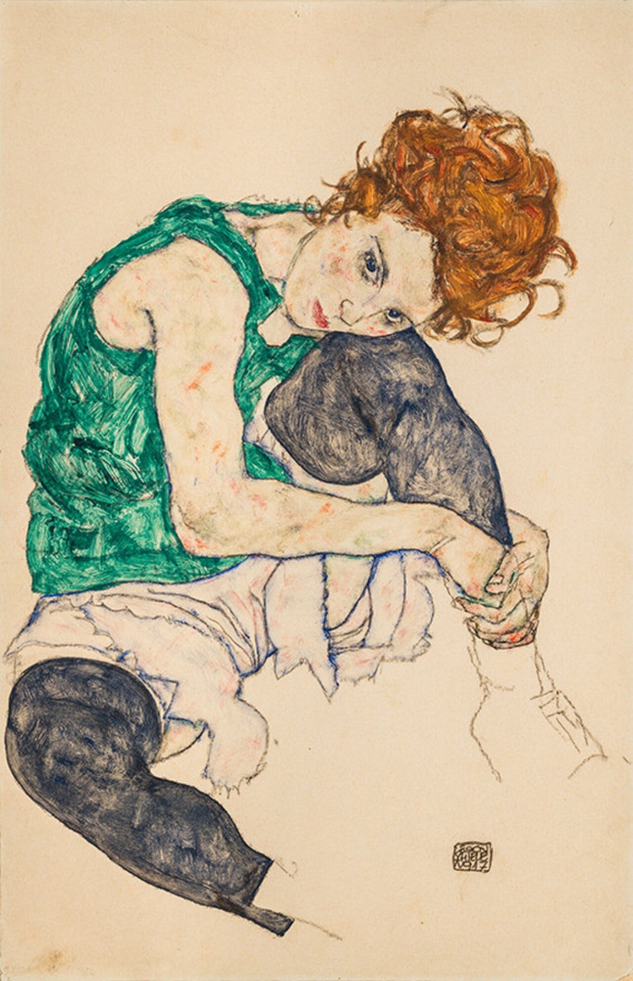 Schiele's Seated Woman with Bent Knee, an angular figure in a sparse composition Schiele's Seated Woman with Bent Knee, an angular figure in a sparse composition