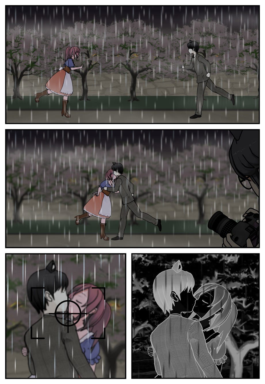 Vana and Ace run to meet each other in the rain, unaware of Ruff who captures their kiss on camera film.