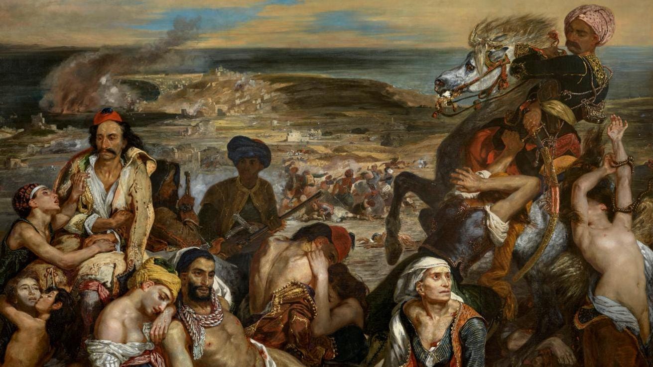 Eugène Delacroix (1798-1863), Scène des massacres de Scio, 1824, 1824 Salon, Oil... New Life for Massacre at Chios  Eugène Delacroix (1798-1863), Scène des massacres de Scio, 1824, 1824 Salon, Oil... New Life for Massacre at Chios
