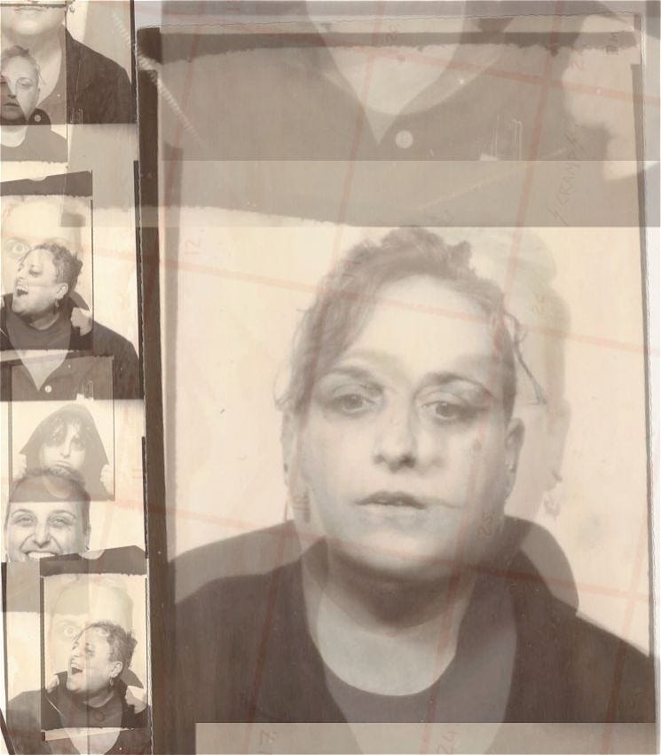 A series of black photo booth photos of the same person. A large version takes up most of the image with a strip of smaller photos vertically run on the left hand size. All poses are different and overlap creating a double exposure effect showing different emotions. Some are staring at the camera in a serious expression, some are laughing, some are yelling on the profile and one is sad with a hood over their head.