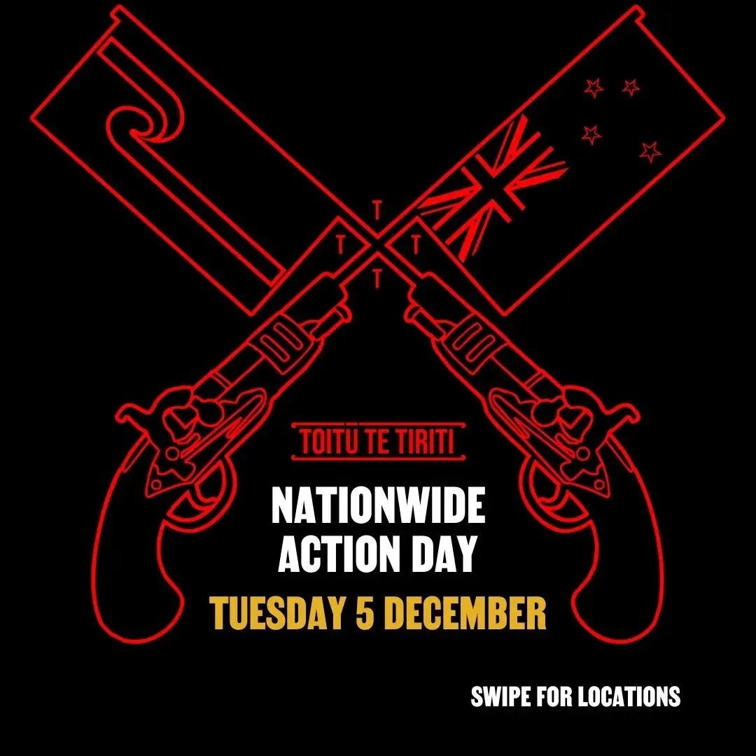 May be a doodle of text that says 'TOITUTE TIRITI NATIONWIDE ACTION DAY TUESDAY 5 DECEMBER SWIPE FOR LOCATIONS'