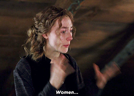 Saoirse Ronan in "Little Women" sadly but excitedly saying "Women!..."