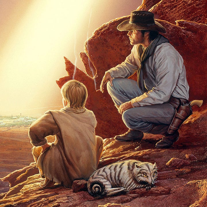 LEFT: Detail from ALGUL SIENTO featuring Roland and Jake squatting for a smoke while looking down at Algul Siento from a rocky overlook. Light angles from the heavens to illuminate a plot of land that contains the only green among the rusty wasteland. Watchtowers rise in each corner although the fourth is blocked by Jake's shoulder. The ground is marked by lighter diagonals extending from the camp that might be dirt roads, but the lines also seem to place the camp offset within a larger circle, most of it implied. RIGHT: Figure detail from ALGUL SIENTO featuring Roland and Jake squatting on a rocky overlook while Oy lays behind them with its front paws crossed and head resting. Its eyes reflect luminous yellow. Roland is seen in profile. He wears a floppy leather cowboy hat, faded blue jeans and a lighter shirt. A long gray kerchief wraps his neck. A pistol with sandalwood grip hangs holstered at his hip. He rests his maimed hand with cigarette trapped between his remaining pinky and ring finger. Jake squats next to him with his back to the audience. A plume of smoke implies that he's also smoking. Jake's clothing consists of a plain tan shirt with cuff rolled up at his wrist, yellow pants, and leather moccasins. The sun shines on their faces. Jake's cheek is smooth and round to imply his youth while Roland's expression is serious and calculating. His jaw is square and his cheekbones set high but the light casts shadowy channels around his eyes to indicate hard miles on the road and the stress of what he's seen. Beneath the hat his hair is dark with sideburns descending below his ear.