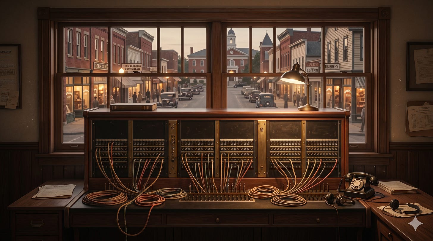 A photorealistic horizontal image of a wooden vintage telephone switchboard with hundreds of connection points and colored cords. The operator's desk is empty. Through multi-paned windows behind it, a small town's main street is visible at dusk with storefront lights on. A photorealistic horizontal image of a wooden vintage telephone switchboard with hundreds of connection points and colored cords. The operator's desk is empty. Through multi-paned windows behind it, a small town's main street is visible at dusk with storefront lights on.