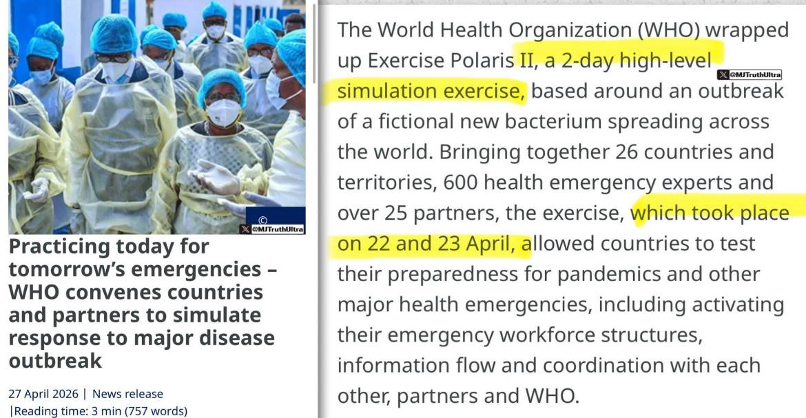 El personal sanitario con equipos de protección participa en un ejercicio de simulación organizado por la OMS para practicar medidas de lucha contra los brotes de enfermedades.