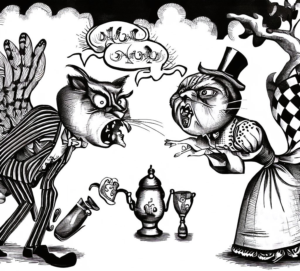 An arguing couple spout nonsense at each other. Cheshire cats and owls may have been invoked. And tea. But no snoremice were harmed. An arguing couple spout nonsense at each other. Cheshire cats and owls may have been invoked. And tea. But no snoremice were harmed.