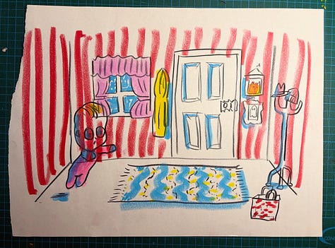 drawings of a funny spooky ghost baby floating around a room