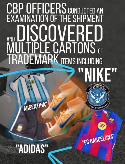 A shipment of FIFA fakes worth $850,000 was seized at Los Angeles International Airport. (US Customs & Border Protection photos & graphic) A shipment of FIFA fakes worth $850,000 was seized at Los Angeles International Airport. (US Customs & Border Protection photos & graphic)