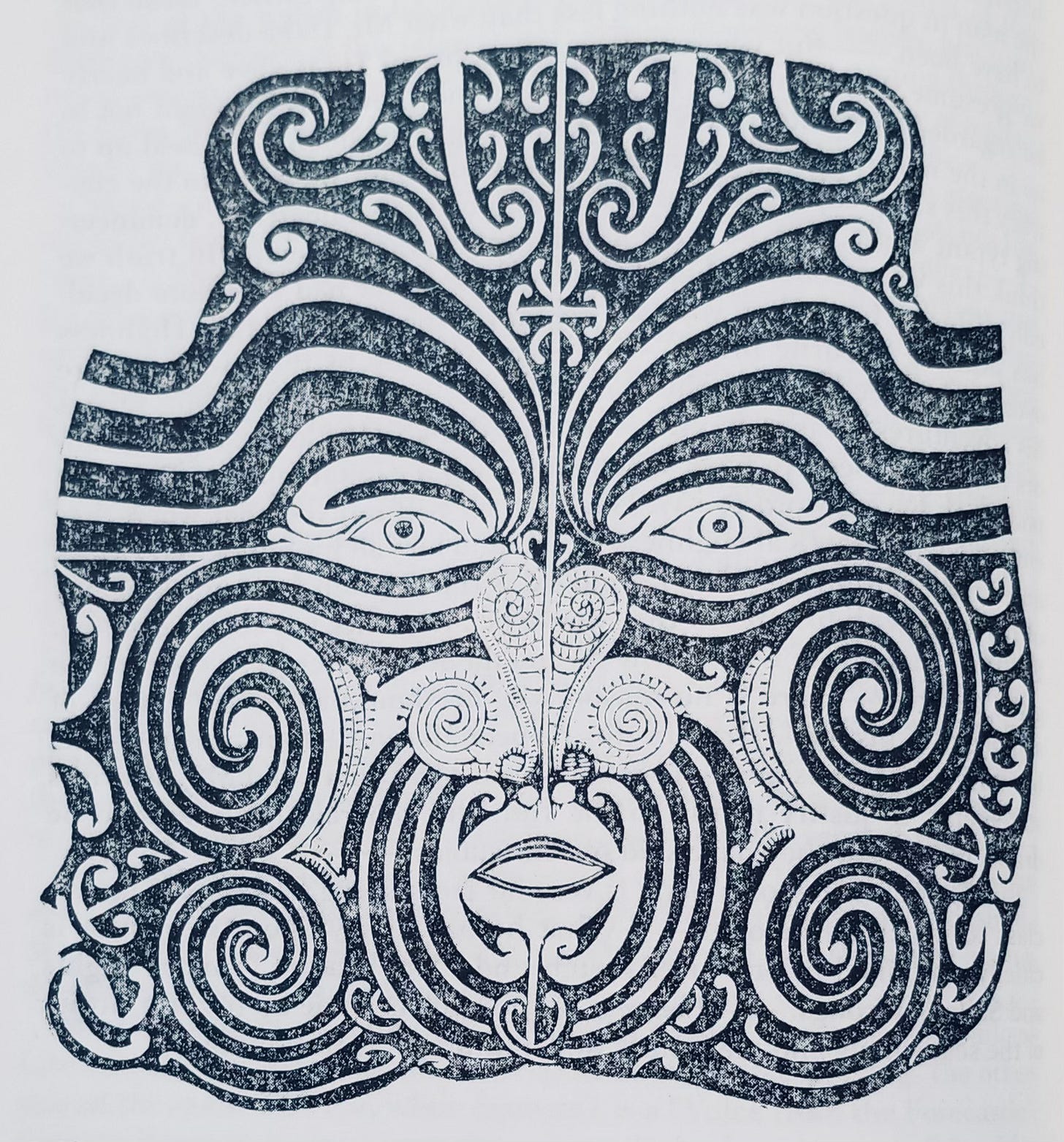 A self-portrait of the elaborately tattooed face of a Maori chief.