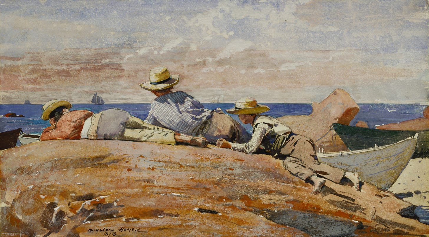 Winslow Homer (1836-1910), Three Boys on the Shore, 1873. Gouache and watercolor on paper mounted on board. Daniel J. Terra Collection. Winslow Homer (1836-1910), Three Boys on the Shore, 1873. Gouache and watercolor on paper mounted on board. Daniel J. Terra Collection.