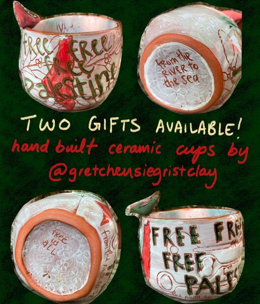 Graphic showing two sets of mugs that say "free free Palestine" and "from the river to the sea" on them, with the colors of the Palestinian flag. 