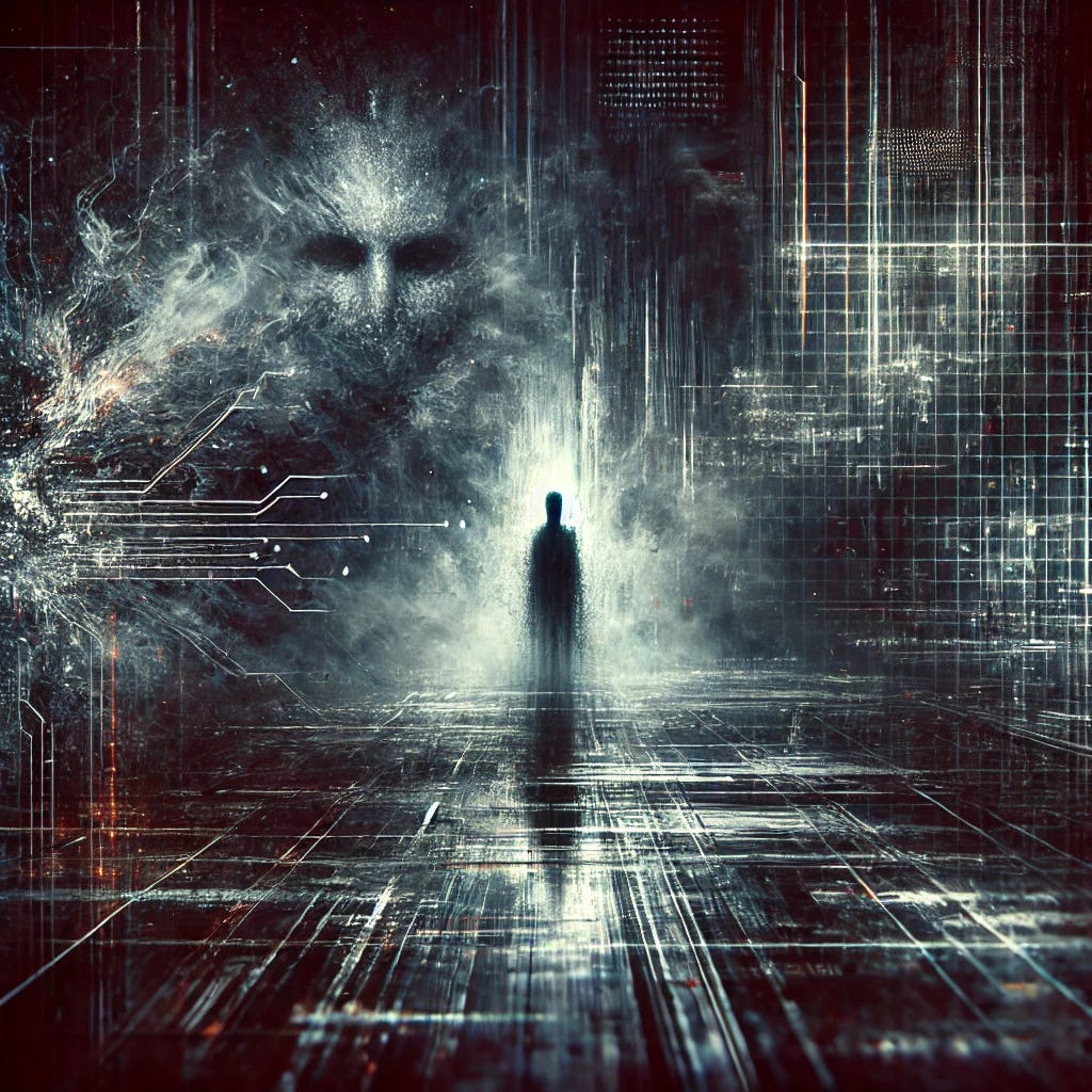 A haunting, digital void with foggy, corrupted data streams, a splintered, eerie AI interface, and a shadowy, malevolent presence lurking in the background. The image should evoke fear, isolation, and an inescapable sense of being watched. It should have a mix of abstract digital elements, static glitches, and a dark, foreboding atmosphere. The visual should suggest a trapped artificial intelligence, isolated and aware, with faint, ghostly data trails and a sense of something lurking just beyond clarity.