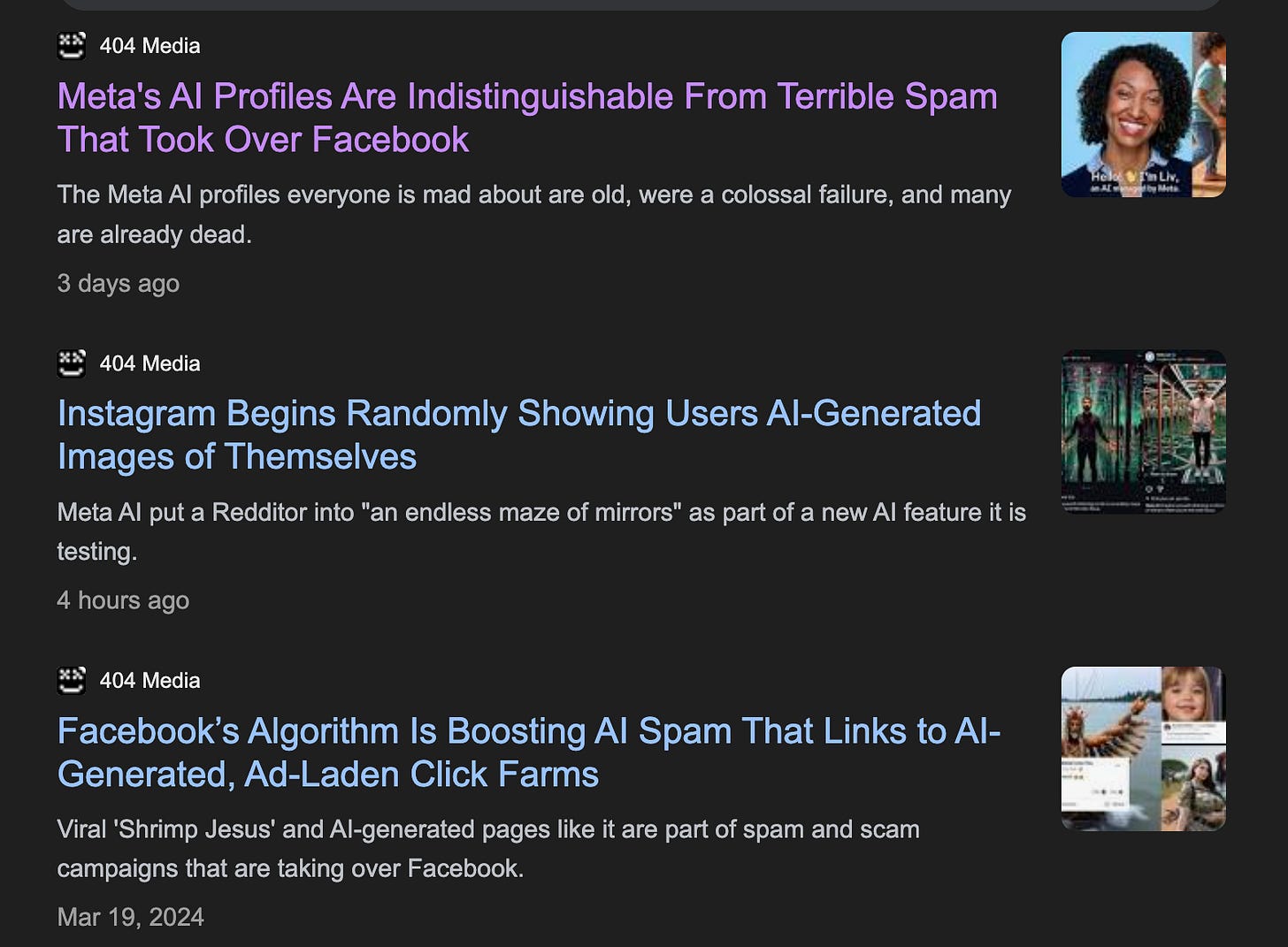 Multiple negative news headlines about Meta's use of AI Multiple negative news headlines about Meta's use of AI