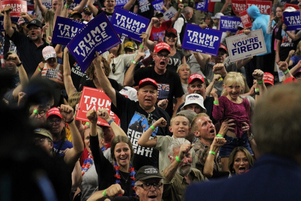 Republican supporters at a rally in Bozeman, Montana, on Aug. 9, 2024, in support of Tim Sheehy and Donald Trump. (Photo by Blair Miller, Daily Montanan) Republican supporters at a rally in Bozeman, Montana, on Aug. 9, 2024, in support of Tim Sheehy and Donald Trump. (Photo by Blair Miller, Daily Montanan)