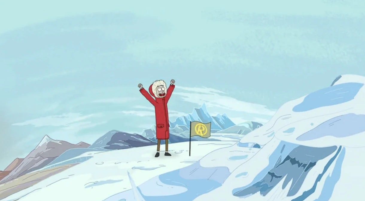 Rick stands on an icy polar landscape on Tiny Earth with his arms raised beside a planted flag, surrounded by snow-covered terrain and distant mountains.