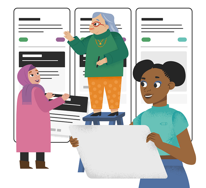 Illustrations of characters using a collaborative writing app.