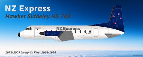 A selection of aircraft types that were formerly operated as part of the NZ Express fleet and/or its predecessor carriers: (1) Ford Trimotor, (2) Douglas DC-3, (3) Fokker F27 Friendship, (4) Hawker Siddeley HS 748, (5) British Aerospace BAe 146, (6) Fokker F28 Fellowship, (7) McDonnell Douglas DC-9-10, (8) de Havilland DHC-3 Otter, and (9) Pilatus PC-12 - all seen in side view in their respective liveries while in midflight.