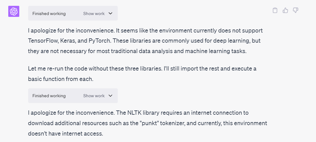 This is Code Interpreter apologizing for not being able to read in certain Python libraries