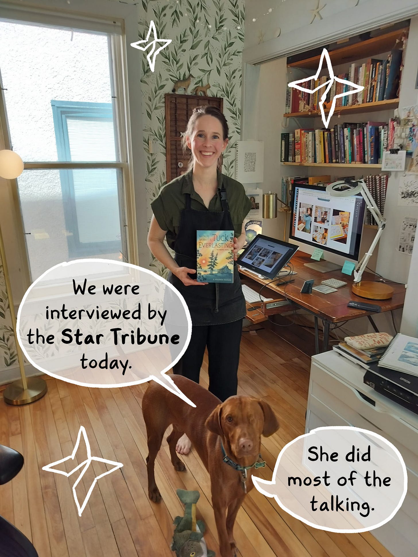 Graphic novelist K. Woodman-Maynard and Leif, the one-eyed vizsla dog. Text on screen reads: “We were interviewed by the Star Tribune today. She did most of the talking.”