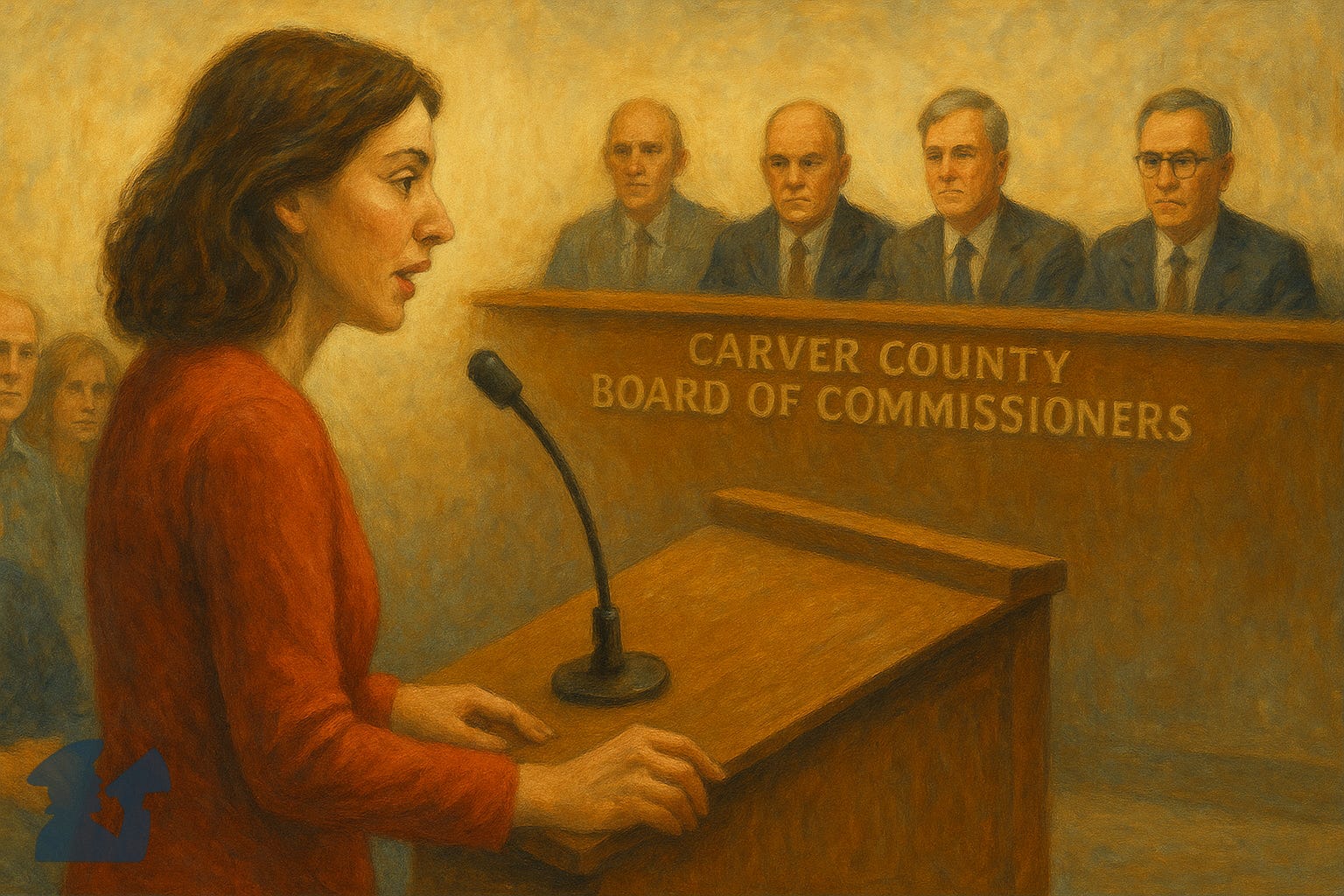 Illustration of a woman giving testimony before the Carver County Board of Commissioners