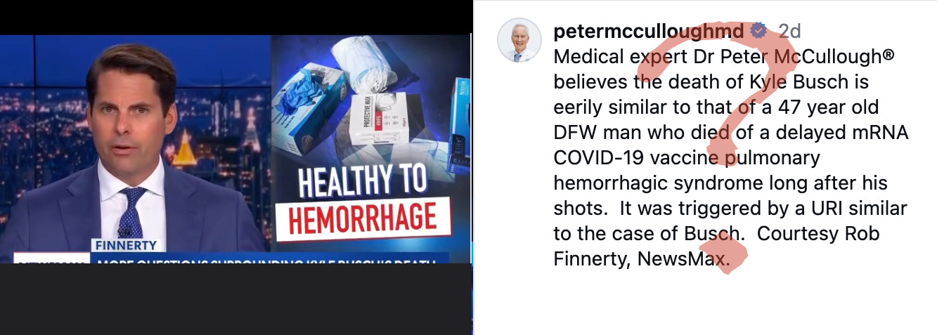 It isn’t a coincidence that Peter McCullough calls himself a medical expert in his posts. It is simply because no one else will. Well, no one else besides like-minded anti-vaccine influencers who believe in things like delayed mRNA COVID-19 vaccine pulmonary hemorrhagic syndrome…