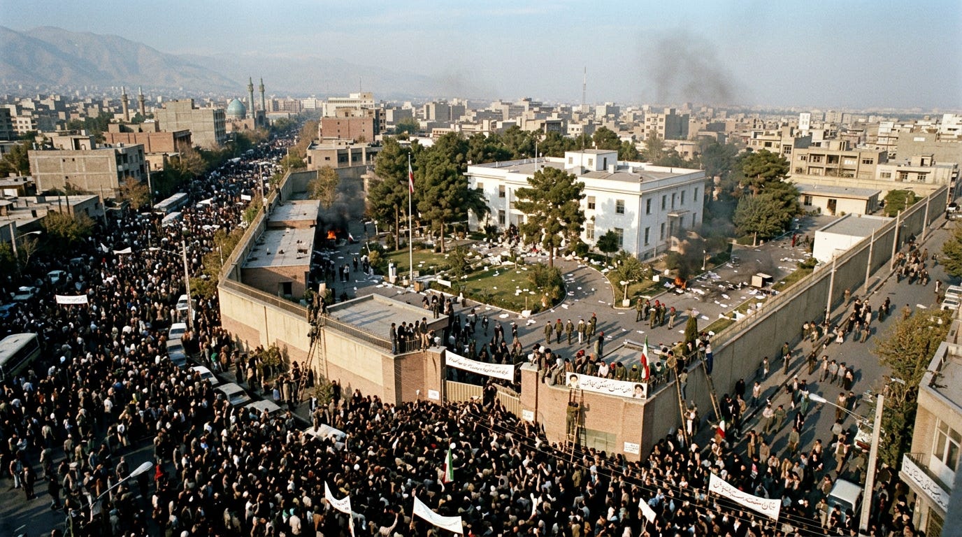 image prompt 1979 scene - Photorealistic aerial photograph 169 aspect ratio taken from a drone hovering approximately 150 feet above and at a three-quarter angle looking down onto the sprawling walled compound of the United States Embassy on_image_1 image prompt 1979 scene - Photorealistic aerial photograph 169 aspect ratio taken from a drone hovering approximately 150 feet above and at a three-quarter angle looking down onto the sprawling walled compound of the United States Embassy on_image_1