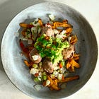 Sweet potato nacho fries with turkey meatballs