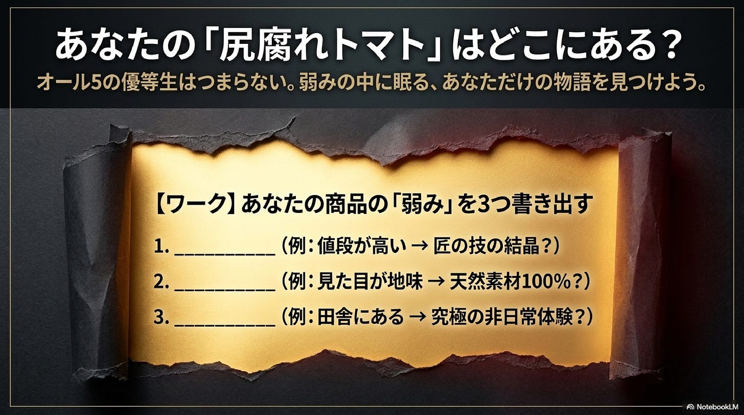 実践ワークの図。あなたの商品の弱みを3つ書き出す記入欄と、値段が高い→匠の技の結晶?など逆転の視点の例 実践ワークの図。あなたの商品の弱みを3つ書き出す記入欄と、値段が高い→匠の技の結晶?など逆転の視点の例