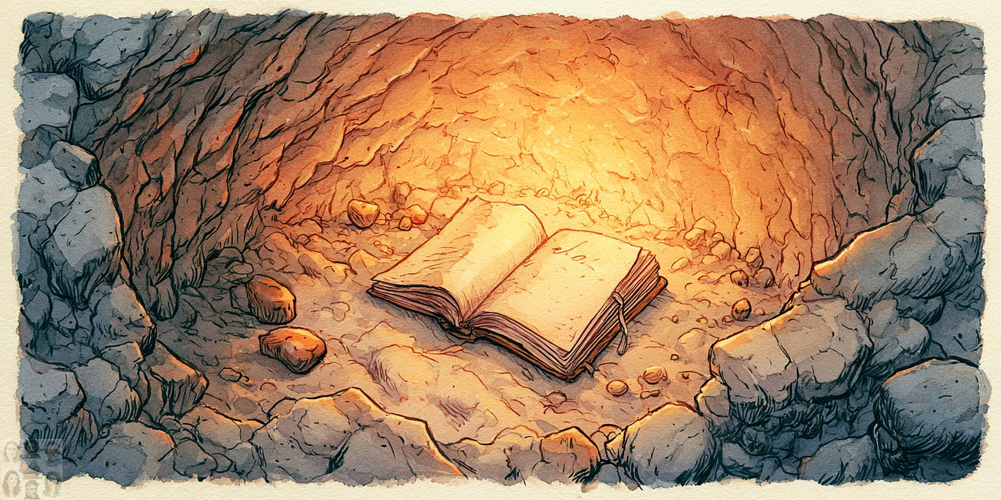 A chalk hollow at dusk, an open notebook resting on pale stone with a single handwritten word visible on the page, warm amber light emanating from within the stone itself rather than from the sky above. Watercolour and ink illustration style, warm muted palette. A chalk hollow at dusk, an open notebook resting on pale stone with a single handwritten word visible on the page, warm amber light emanating from within the stone itself rather than from the sky above. Watercolour and ink illustration style, warm muted palette.